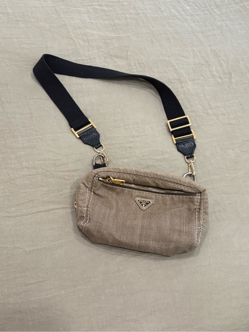 Rare Prada Taupe Nylon Crossbody Bag With Black Strap